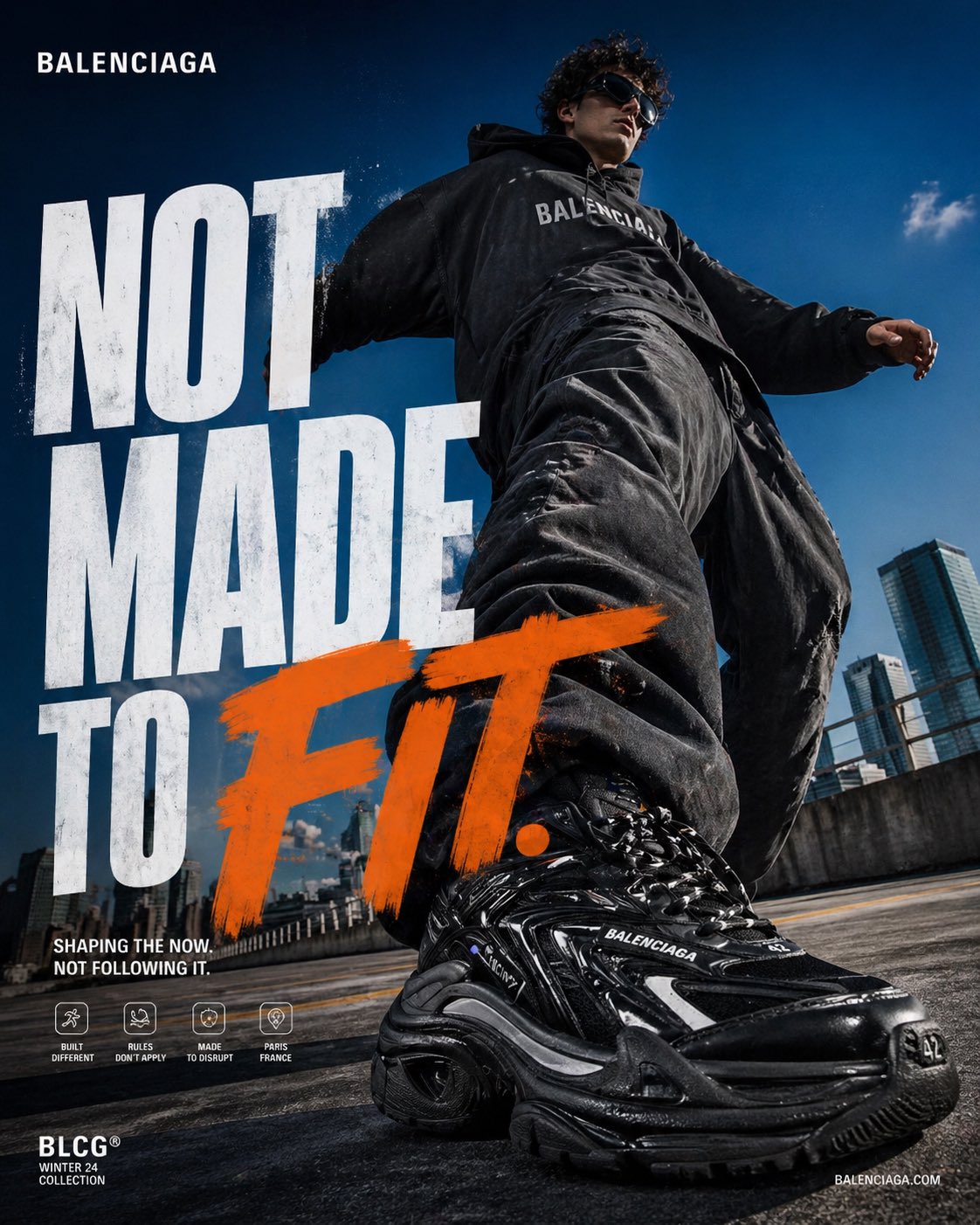 Balenciaga-style streetwear campaign poster with oversized sneaker in forced perspective