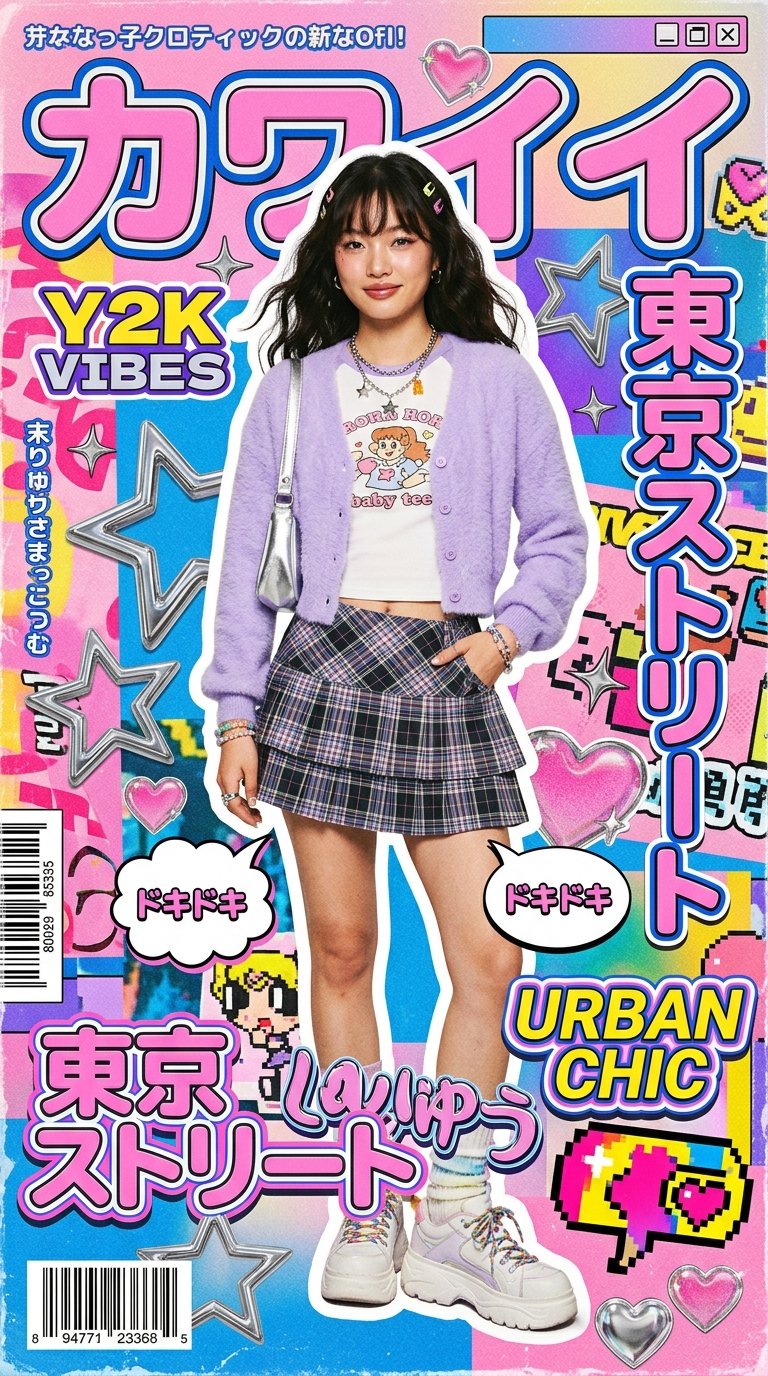 Stylish young woman in a colorful kawaii Y2K fashion editorial poster (2 of 4)