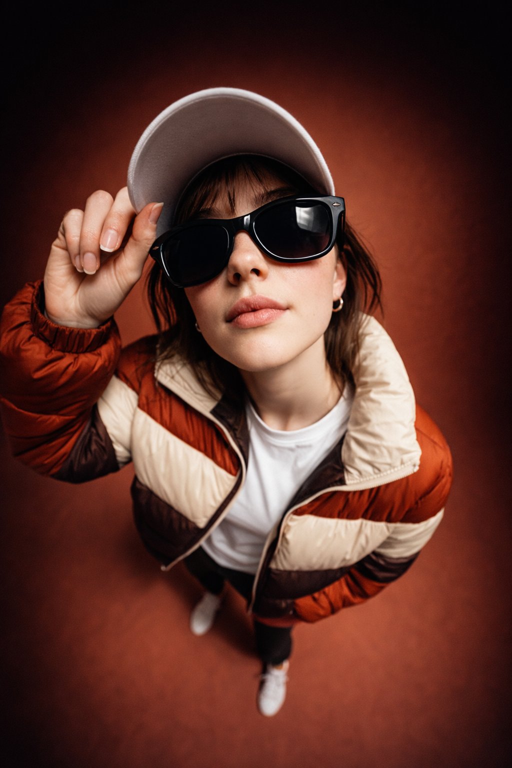 Dramatic fisheye fashion portrait with oversized sunglasses and cap (1 of 2)